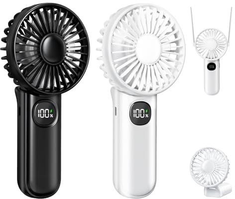 xigmer 2-Pack Mini Portable Handheld Fan,5 Adjustable Speeds Personal Fan with Lanyard,180° Foldable Small Hand Fans for Makeup,Home,Office,Travel and Outdoor Activities(Black+White