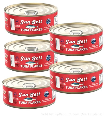 FIJIAN MADE Sun Bell TUNA Flakes in Vegetable Oil (Pack Of 5 x 6 Oz Ea Can) The most popular tuna brand throughout the pacific Islands - Imported from FIJI