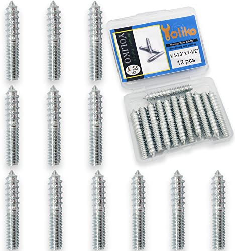 Yoliko Confezione da 12 bulloni a doppia testa da 1/4-20 x 1-1/2 pollici, bulloni a doppia testa da 1/4 per legno, autofilettanti, per viti per mobili, viti a doppia vite, bulloni per aste filettate a