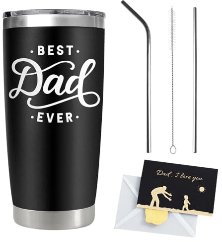 LUFEIS Best Dad Ever Tumbler, 20 oz Stainless Steel Travel Coffee Mug with Lid and 2 Straws, Dad Gifts from Daughter Son with Greeting Card, Personalized Father's Day Tumbler Birthday Gift for Dad