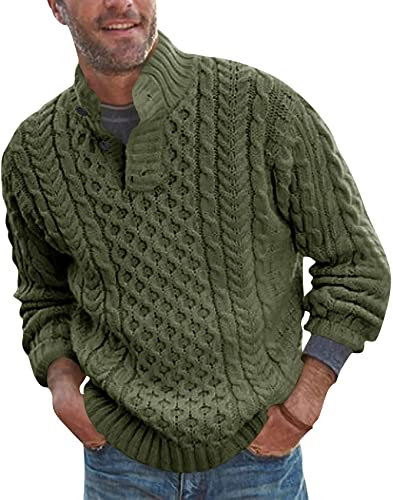 Runcati Mens Knit Jumper Pullover Chunky Button Neck Casual Knitted Cable Knitwear, Green, L