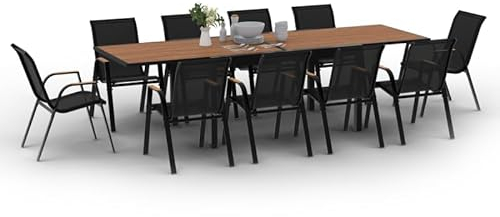 IDMarket - Gartenmöbel, Noumea, ausziehbar, 135/270 cm, Tischplatte in Holzoptik und 12 stapelbare Stühle, Schwarz und Holz