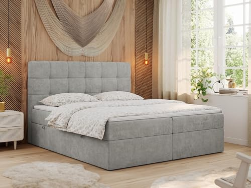 MKS MEBLE Boxspringbett mit Matratze, Bett mit Multipocket - Matratze und Topper T25, Polsterbett mit Bettkasten und Kopfteil, ERNI (180x200 cm, H4 Hellgrau, Stukture)