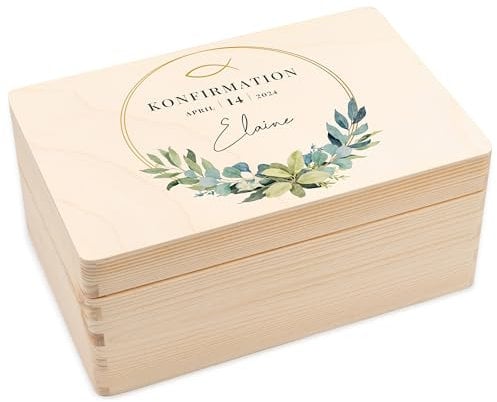 Geschenkfreude personalisierte Holzkiste 30x20x14cm - Geschenke zur Konfirmation - Schatztruhe personalisiert - Konfi Kiste - UV-Druck - Konfirmationsgeschenke für Jungen/Mädchen - Kreis