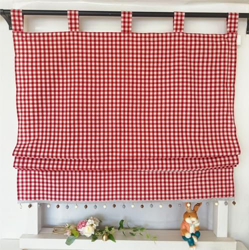 Vordesack Blickdichter Raffrollo mit Karo-Muster Landhausstil Gardinen mit Quasten-Kante Raffgardine mit Schlaufen Wohnzimmer Gardinenschal Küche 1 Stück Rot HxB 140x120cm