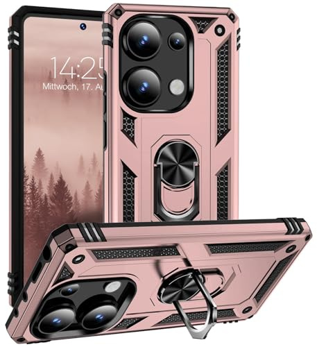 LBH Outdoor Hülle für Xiaomi Redmi Note 13 Pro Armor Militär Stoßfest Handyhülle 360 Grad Metal Ring Halter Ständer Schutzhülle für Handyhalterung Auto Magnet Rosegold