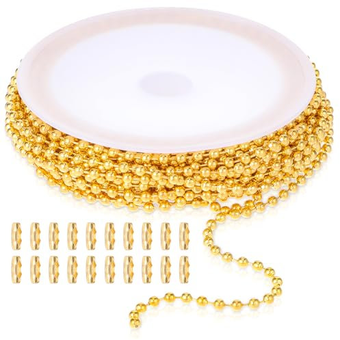 COMNICO 16.4ft Stainless Steel Ball Chain 2.4mm DIY Beaded Link Roll Jewelry Making Supplies with 20pcs Matching Connectors Clasps for Dog Tag Necklace Bracelets Keychain Craft (Gold)