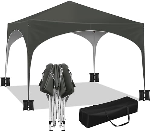 WOLTU Pavillon de Jardin 3x3m Tonnelle Pop up avec Sacs de Sable Gris | UPF 50+ UV, imperméable, hauteur ajustable, vent stable, avec sacs de sable, Jardin