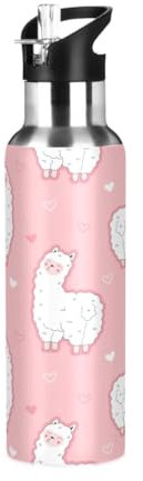 Cute Llama - Botellas de agua de acero inoxidable de 20 onzas que mantienen el frío, botella de agua con pajilla, aislada, a prueba de fugas, aisladas