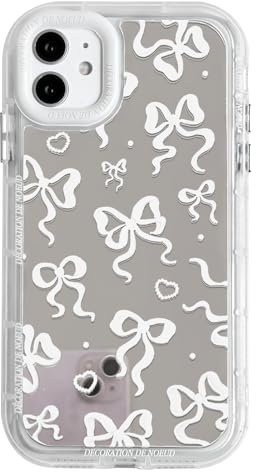 NITITOP Compatible with iPhone 12/12 Pro Case Cute Mirror Bow Love Heart Pattern for Women Girls Ribbon Design Shockproof Silver Protective Phone Cover - White Bow