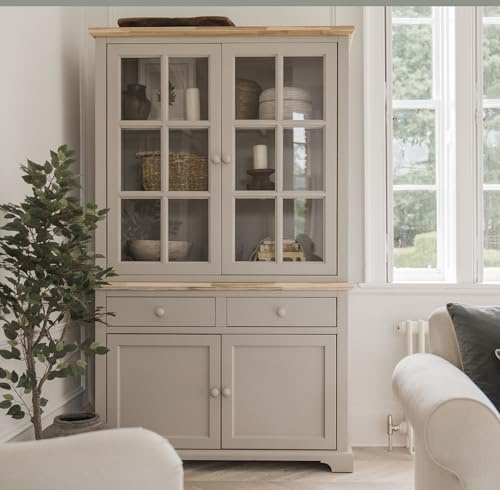 Statement Furniture Florence Truffle Display Cabinet, Glass Top Dresser, 2 Drawers, 2 Door Cupboard, Brushed Acacia Wood Top | W120cm H200cm D42cm | Kitchen Dining Living Room Storage