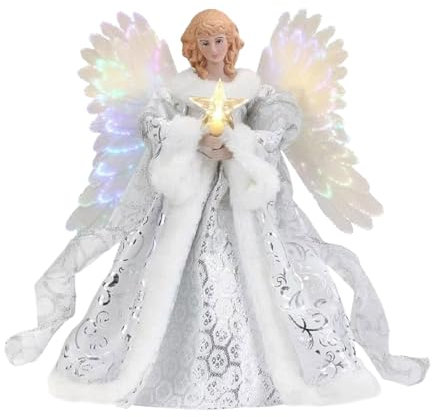 tuwiwol Engelsspitze, Weihnachtsbaumdekoration, LED Licht Anhänger für Weihnachten, Kunstharz, Weihnachtsengel Baumspitze mit Lichtern, A
