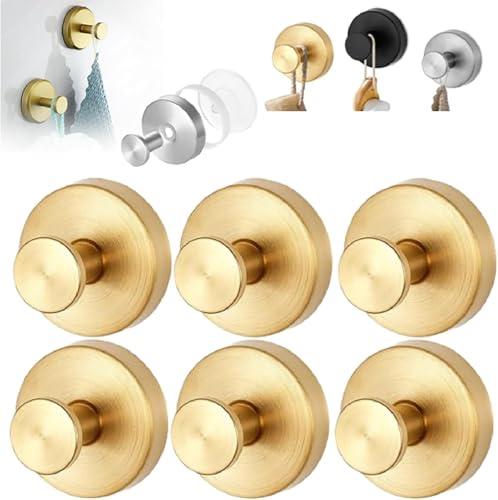 No-Drill Hooks, Suction Cup Hooks for Wreaths on Glass, 2024 Upgrade No-Drill Hook Stainless Steel Waterproof Suction Cup Hooks for Showers Home Kitchen (Gold, 6 Parts)