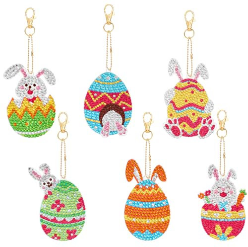 JSRQT 6 Stück Oster Diamantmalerei Schlüsselanhänger, Häschen-Ei Doppelseitige Diamant Anhänger Set für Erwachsene Kinder, 5D DIY Mosaikmalerei Basteln Hängeanhänger Ornamente für Oster Heimdekoration