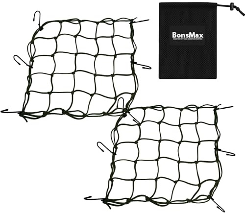 BonsMax 2 Pack Small Cargo Net for Motorcycle, Bike, ATV, UTV, 15x15 Elastic Bungee Mesh Net with Hooks, Secure Gears, Helmet, Luggage, Stretch up to 30x30