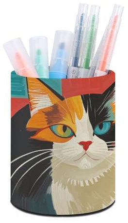 Oudrspo Pot à crayons motif chat moderne, organiseur de bureau abstrait