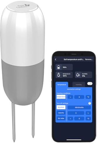 Royal Gardineer Zubehör zu Smart Home Bewässerung: 2in1-Bodenfeuchtigkeits- & Temperatursensor für BWC-620.app, BT, IP65 (Bewässerung Computer WLAN, Bewässerungscomputer Solarpanel, Zähler)