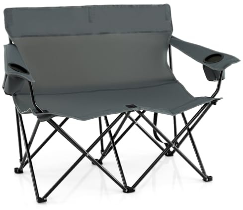 COSTWAY Campingstuhl für 2 Personen, Klappstuhl mit Getränkehaltern, Armlehnen & Tragetasche, 300 kg Tragfähigkeit, klappbarer Campingsofa, Faltstuhl für Camping, Picknick, Angeln (Grau)