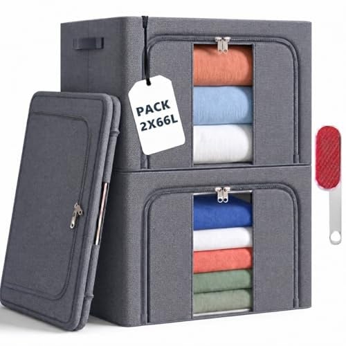 RICHXEL Cajas Almacenaje Ropa 66L Pack 2 (132L) Rígida Ventana Transparente | Marco metálico: se apilan sin deformarse. Ventana transparente para ver el contenido y cremallera doble. Plegables.