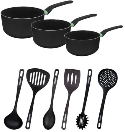 Fackelmann 9432250 Set 3 casseroles antiadhésives revêtement céramique et 6 ustensiles, casserole sans PFAS, casserole tous feux, casserole induction, Aluminium, RPET, Noir, Vert, 16 18 et 20 cm