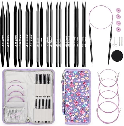 Aeelike Austauschbare Rundstricknadeln Set Metal, Praktisch Rundstricknadel Set Austauschbar mit Etui und Zubehör, 9 Paar Runde Stricknadel Set zum Stricken von Socken, Mützen und Decken, Lila Blume