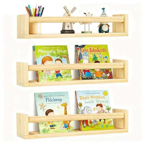Esyhomi Nursery Shelves, Floating Shelves for Wall Set of 3, Wood Book Shelf Organizer for Baby Nursery Decor, Wall-Mounted Bookshelf for Kitchen Spice Rack, Kids Room, Bedroom, Bathroom