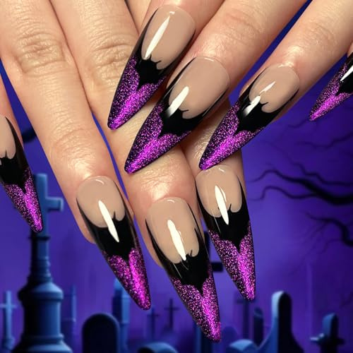 Viugex 24 Stück Halloween Press on Nails Lang Stiletto, Lila Glitzer Fledermaus Künstliche Fingernägel French Nägel Zum Aufkleben, Full Cover Kunstnägel Mandel Glänzend Falsche Nägel für Frauen