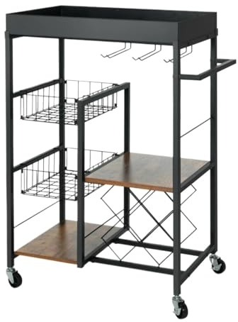 guiling-1986 Kitchen Storage Unit 4-Tier Kitchen Bar Cart Rolling Serving Trolley Wine Rack Removable Tray Basket Kitchen Island on Wheels