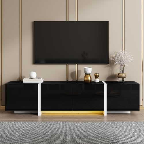 Merax TV Stand Cabinet, black high-gloss TV Unit Storage Cabinet with Doors and Drawer, flip-down door design, white contrasting table legs,170 x 29.5 x 40 cm