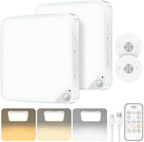 Akku Deckenleuchte mit Bewegungsmelder Innen,8W Aufladbare LED Deckenlampe Badezimmer mit Fernbedienung,Ohne Stromanschluss,Batteriebetriebene Kabellose Lampe für Bad,Schrank,Garage und Flur,2 Stück