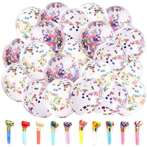 60 Pcs Konfetti Ballons Luftballons Mit Konfetti Luftballons Geeignet Für Geburtstage Babypartys Hochzeiten Silvester Weihnachtsfeiern Babypartys Mit 10 Pcs Langnasenpfeife