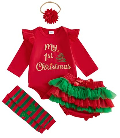 XIXIMAON - Conjunto de ropa de Navidad para bebé, niña, diseño de Mi Premier Navidad, 4 cuerpos y tutu falda de tul + polaina + diadema para disfraz de Navidad, Rojo Árbol de Navidad Letra, 6-9 Meses