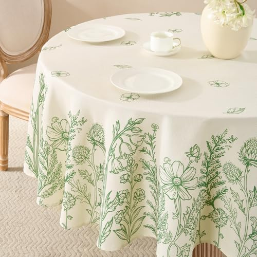 Softalker Tischdecke rund 120 cm Durchmesser Frühling Tischdecken abwaschbar Leinenoptik grün Botanisch Tischtuch Wasserabweisende klein Gartentischdecke Table Cloth für Camping,Hochzeiten,Geburtstag