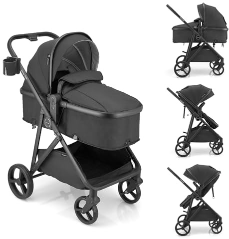 Gromast 3-in-1-Kinderwagen, wandelbarer Kinderwagen für Neugeborene, Säuglinge und Kleinkinder mit umkehrbarem Sitz, Sonnendach mit Lichtschutzfaktor 50+ und Getränkehalter – Schwarz