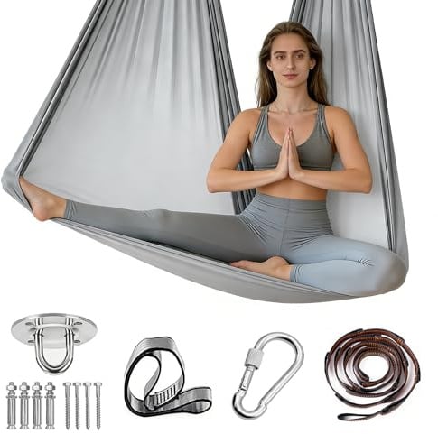 Aerial Yoga Hängematte Set, Yoga-Hängstuhl, 280x150cm, 200 kg Belastbarkeit, inkl. Karabiner, Befestigung, Nägel & Zubehör, Schnelltrocknendes Hängematte Ideal für Übungen & Freizeit (Grau)