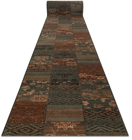 rugsx KASHQAI Läufer 4327/400 - Wollteppich - Teppich für Flur & Wohnzimmer - Orientalisch, Patchwork grün 67x700 cm