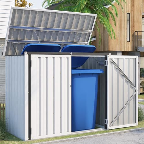 YODOLLA Mülltonnenbox 2er mit Gasdruckfeder, Weiß | Wetterfest Abschließbar Geräteschuppen für den Außenbereich, 150,6 x 80 x 117,6cm, 1300L