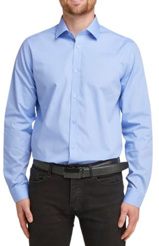 Double TWO Men's Long Sleeve Plain Formal Shirt Non Iron Classic Fit Business Dress Shirt - Fresh Blue, 18in Collar