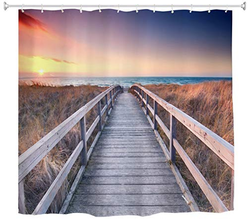 A.Monamour Duschvorhänge Ozean Sonnenuntergang Blick Holzweg Auf Ostsee Über Sanddünen Natur Landschaft Bild Gedruckt Wasserdicht Mildewproof Stoff Polyester Duschvorhänge Für Bad Dekore 180X200 cm