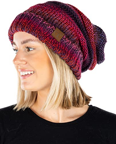 Funky Junque Trendige, warme Strickmütze mit Zopfmuster, Burgunderrot, Ombré-, Einheitsgröße