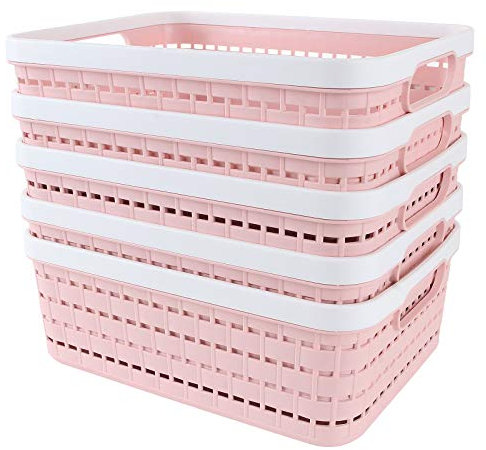 STARVAST Lot de 5 Panier de Rangement en Plastique avec Poignées, Petit Boîte de Rangement Organisateur, Corbeille de Rangement Portable pour Cuisine, Bureau, Salle de Bain - 286 x 220 x 110MM, Rose