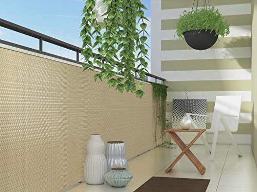 Polyrattan Sichtschutzmatte in Rattan-Optik PVC Sichtschutz Matte Sichtschutzzaun Balkongeländer Sichtschutzwand Balkonsichtschutz Balkon Zaun Windschutz Poolumrandung Zaun (beige, 300x100cm)