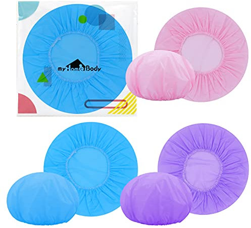 myHomeBody Reusable Plastic Shower Cap, 3 Colors Shower Cap for Men, Hair Covers for Women Hair Cap for Shower, Plastic Hair Caps, Shower Cap Set of 6 Size M - Blue, Purple, Pinkk