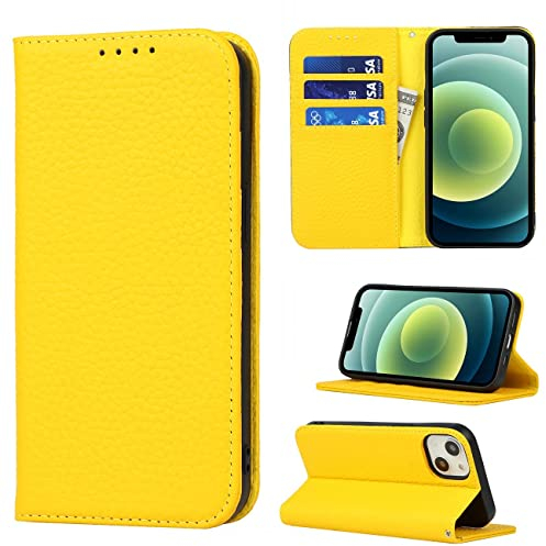 Copmob Phone Case iPhone 13 Mini,Flip Genuine Leather Wallet Case,[4 Slots][Magnetic closure][With Lanyard],Protective Cover Case for iPhone 13 Mini - Yellow