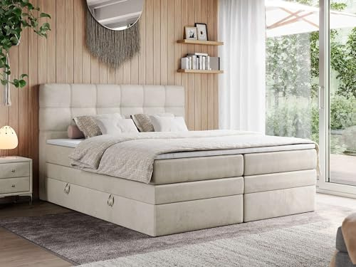 MKS MEBLE Boxspringbett 160x200 mit Bettkasten und Kopfteil, Bett mit Matratze H3 und Topper T25 - Boxbett - Beige Velvet - ERNI King