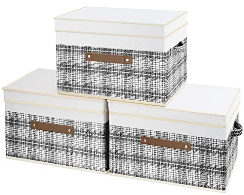 TYEERS Collapsible Storage Box with Lid, Patchwork Design, Decorative, Fabric Storage Box for Clothes, Wardrobe Storage, 38x25x25 cm, Set of 3, Grey