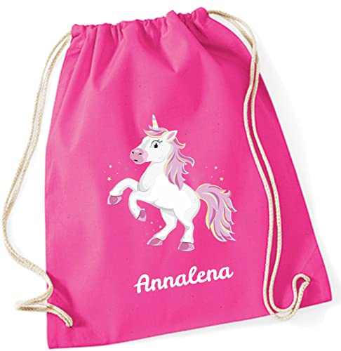 minimutz Turnbeutel für Kinder | Motiv Einhorn Ella | Schuhbeutel Jutesack zum Zuziehen für Mädchen | Stoffbeutel mit Kordel für Schule, Kindergarten, Freizeit (pink inkl. Namensdruck)