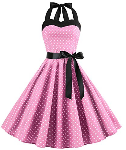 IMEKIS Robe de cocktail vintage sans manches dos nu années 1950 à pois rétro Rockabilly Swing Robe de soirée plissée Longueur genou Robe de mariage Robe de soirée Robe de bal, Rose, S