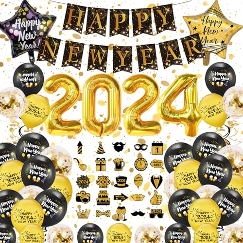 DUGEHO Silvester Deko 2024,52 Stück Schwarzes GoldParty Deko Silvester Neujahr Silvesterdeko Happy New Year Deko Banner, Konfetti Ballons und Folienballons für Silvester Neujahrsfeier