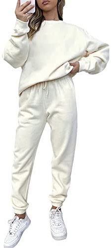 amropi Tuta da Donna Vello Foderato Pullover Felpa e Pantaloni Jogging Tute Beige,M